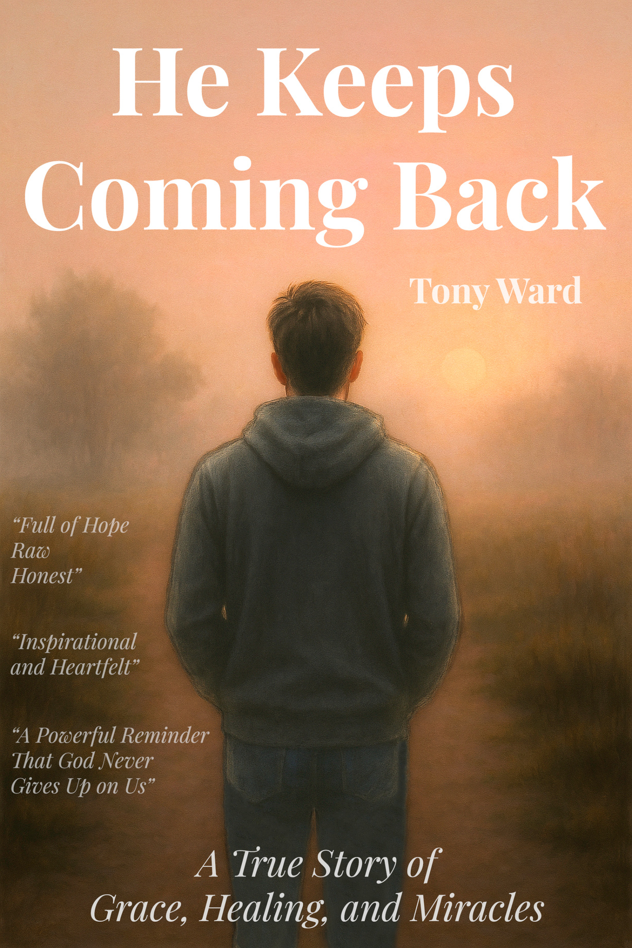 He Keeps Coming Back Book Cover by Tony Ward Front cover of the memoir He Keeps Coming Back by Tony Ward showing a man standing in sunlight